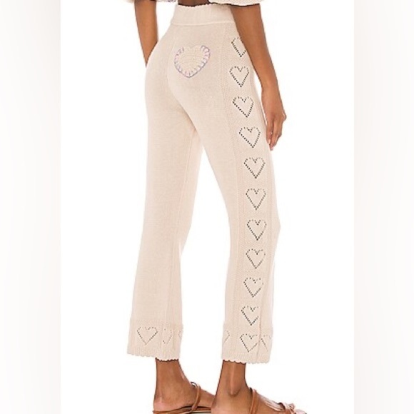 LoveShackFancy Pants - LoveShackFancy Toro Knit Pants Sunset Wheat Heart Detail Cotton Size Small